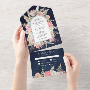 Errötendes Rosa Florales Boho Pampas Gras Navy Hoc All In One Einladung