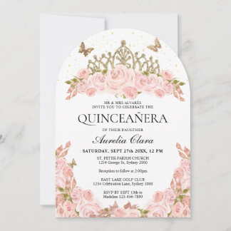Errötendes Rosa Florales Gold Diadem Quinceanera T Einladung