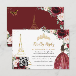 Errötendes Rosa Florales Gold Paris Quinceañera QR RSVP Karte