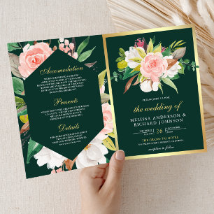 Errötendes Rosa Florales Gold Smaragd QR Code Hoch Einladung