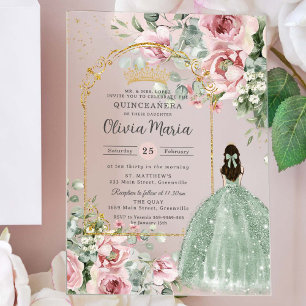 Errötendes Rosa Florales Hellgrün Quinceañera Swee Acryleinladungen