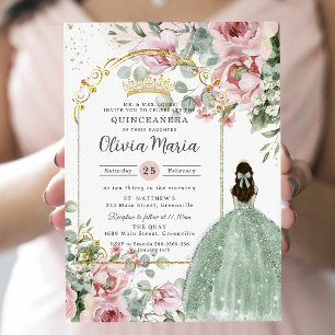 Errötendes Rosa Florales Hellgrün Quinceañera Swee Einladung