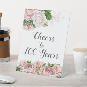 Errötendes Rosa Florales Prost auf 100 Jahre Skrip Sockelschild