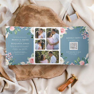 Errötendes Rosa Florales QR Code Staubblaues Hochz Dreifach Gefaltete Einladung