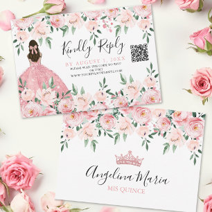 Errötendes Rosa Florales Quinceanera QR-Code RSVP Karte