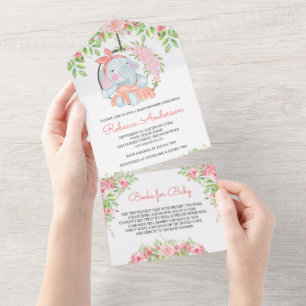 Errötendes Rosa Florales Süßes Elefant-Baby-Party All In One Einladung