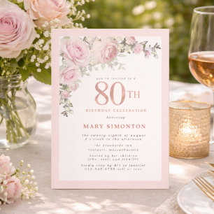 Errötendes Rosa Gold Blumen 80. Geburtstagsfeier Einladung