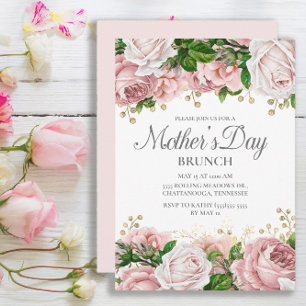 Errötendes Rosa Gold Blumen Muttertags-Brunch Einladung