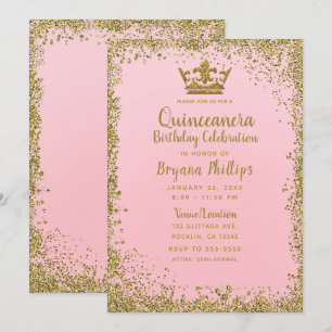 Errötendes Rosa & Gold Glitter-Krone Quinceañera 1 Einladung