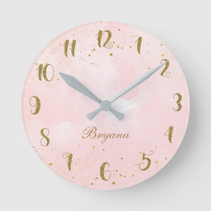Errötendes Rosa & Gold Sprenkel Modern Personalisi Runde Wanduhr