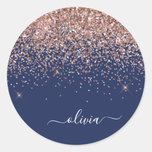 Errötendes Rosa Roségold Marineblau Glitzer Monogr Runder Aufkleber