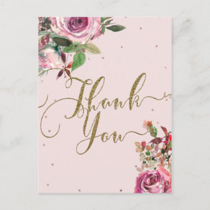 Errötendes Rosa Rosen Gold Blumen Modern Danke Postkarte