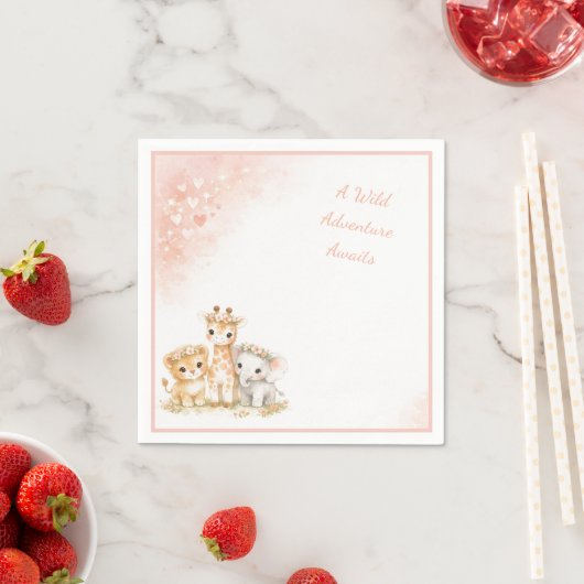 Errötendes Rosa Safari Löwe Elefant Giraffe Kinder Serviette (Beispiel)
