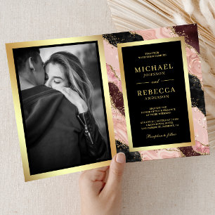 Errötendes Rosa Schwarz Gold Achat Marmor QR-Code Einladung
