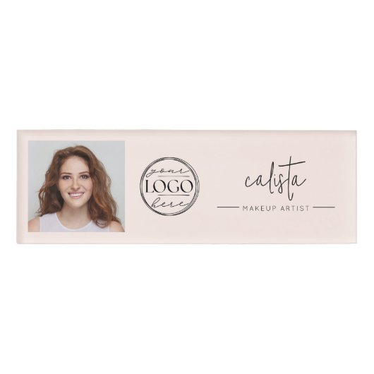 Errötendes Rosa Skript-Logo Foto Make-up Namenschild (Vorderseite)