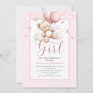 Errötendes Rosa Teddybär Mädchen Babyparty Einladung