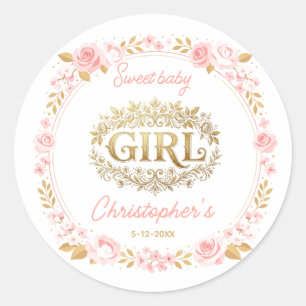 Errötendes Rosa und Gold Florales Mädchen Baby-Par Runder Aufkleber