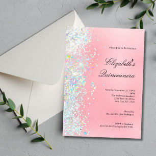Errötendes Rosa Weiß Glitzer Glamour Quinceanera Einladung