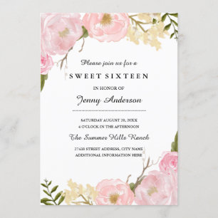 Errötendes weißes botanisches Blumen-Sweet-Sixteen Einladung