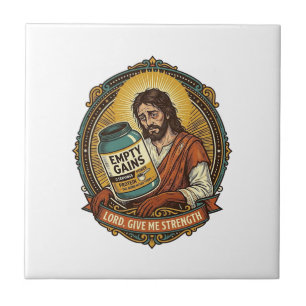 Erschöpfter Jesus Leere Proteinpulver-Dose Gym-Hum Fliese