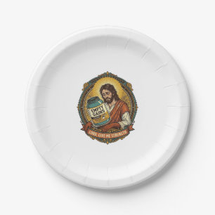 Erschöpfter Jesus Leere Proteinpulver-Dose Gym-Hum Pappteller