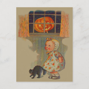 Erschrecktes Mädchen Jack O' Lantern Schwarze Katz Postkarte