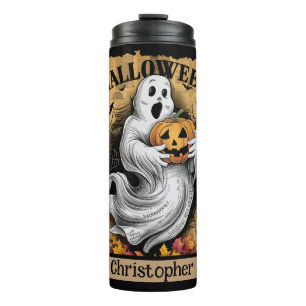 Erschrockenener Geist, der einen Jack O'Lantern hä Thermosbecher