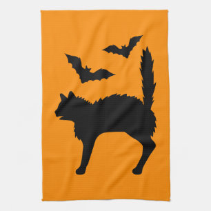 Erschrockenes Halloween-Katze-und-Fledermäuse-Silh Geschirrtuch