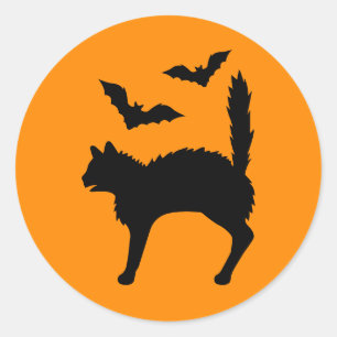 Erschrockenes Halloween-Katze-und-Fledermäuse-Silh Runder Aufkleber