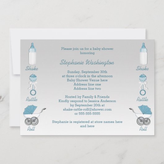 Erschütterungs-Geklapper-und Rollensilberne blaue Einladung (Rückseite)