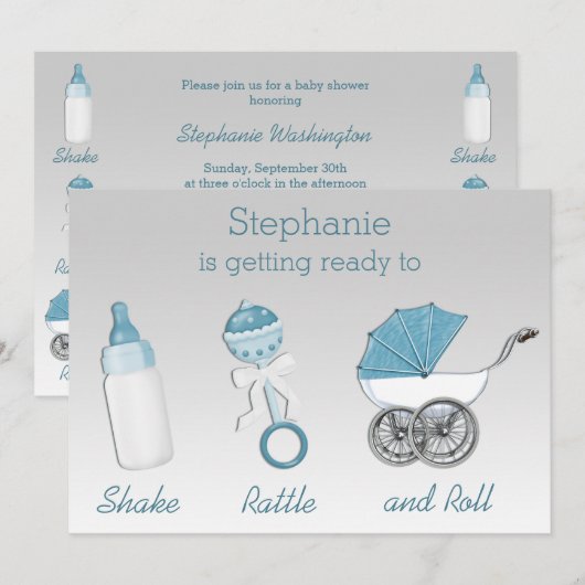 Erschütterungs-Geklapper-und Rollensilberne blaue Einladung (Vorne/Hinten)