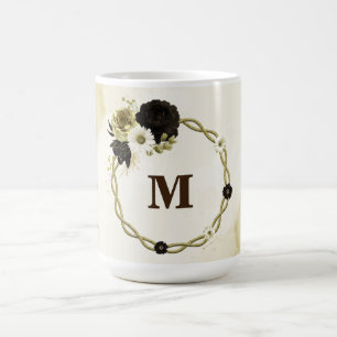 Erstaunliche braune Elfenbein-Gold-Blumen-Monogram Kaffeetasse