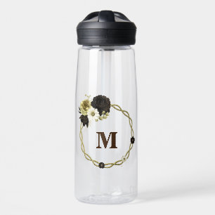 Erstaunliche braune Elfenbein-Gold-Blumen-Monogram Trinkflasche