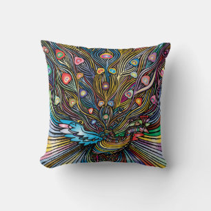 Erstaunlicher Pfau in der Kunst im Huichol-Stil Kissen