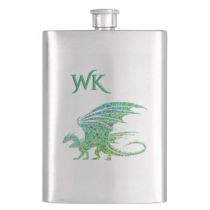 Erstaunliches grünes Mosaik-Drachen-Monogramm Flachmann