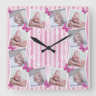 Erste 12 Monate Baby-Foto-Collage Rosa Schmetterli Quadratische Wanduhr