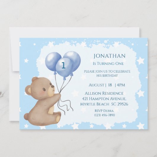 Erste Birthday Balloon Bären Einladungen (Vorderseite)