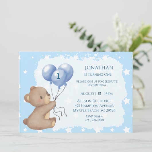 Erste Birthday Balloon Bären Einladungen (Stehend Vorderseite)