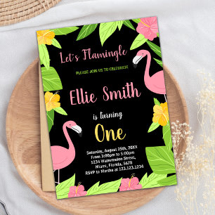 Erste Black Green Flamingo Birthday Einladungen