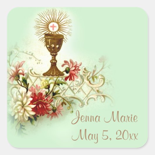 Erste Blume der Eucharistie-Kommunion Quadratischer Aufkleber (Vorderseite)