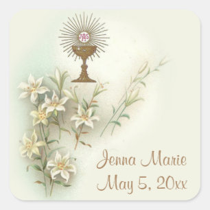Erste Blume der Eucharistie-Kommunion Quadratischer Aufkleber