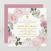 Erste Blume der Heiligen Kommunion Rosa Rose Einladung (Vorne/Hinten)