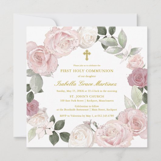 Erste Blume der Heiligen Kommunion Rosa Rose Einladung (Vorderseite)
