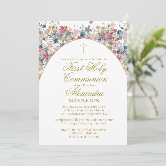 Erste Blume des heiligen Kommunion Fotos Moderne F Einladung (Stehend Vorderseite)