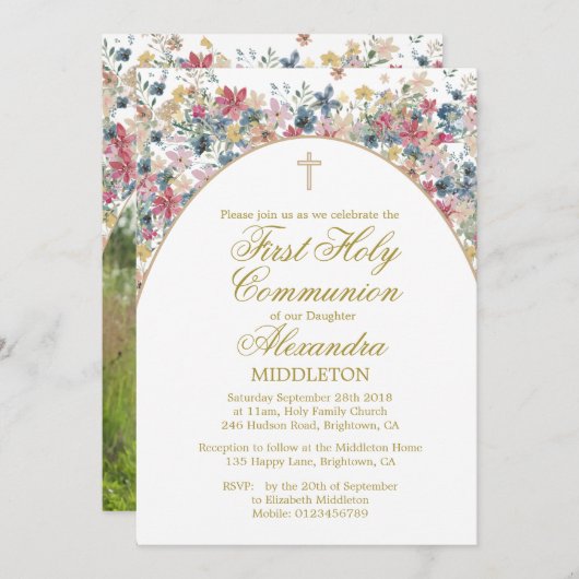 Erste Blume des heiligen Kommunion Fotos Moderne F Einladung (Vorne/Hinten)