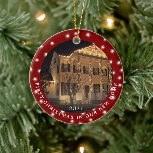 ERSTE CHRISTMAS NEUE ZUHAUSE 2 Foto Lights Red Keramik Ornament (Baum)