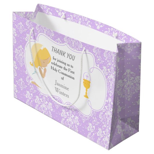 Erste Communion Blonde Hair Girl Danke Große Geschenktüte (Rückseite Schrägansicht)