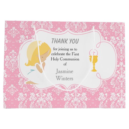 Erste Communion Blonde Hair Girl Danke Große Geschenktüte (Rückseite)