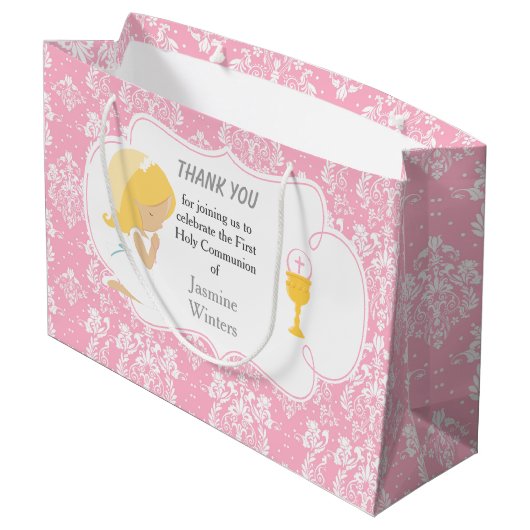 Erste Communion Blonde Hair Girl Danke Große Geschenktüte (Rückseite Schrägansicht)