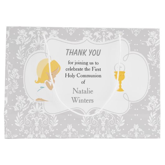 Erste Communion Blonde Hair Girl Danke Große Geschenktüte (Rückseite)
